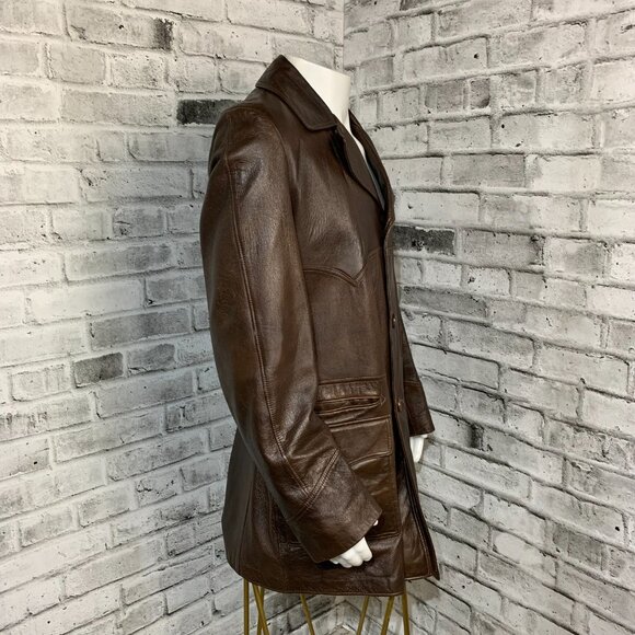 Vintage 70s Chocolate Brown Leather Retro Jacket Trench Coat Overcoat - Picture 4 of 16
